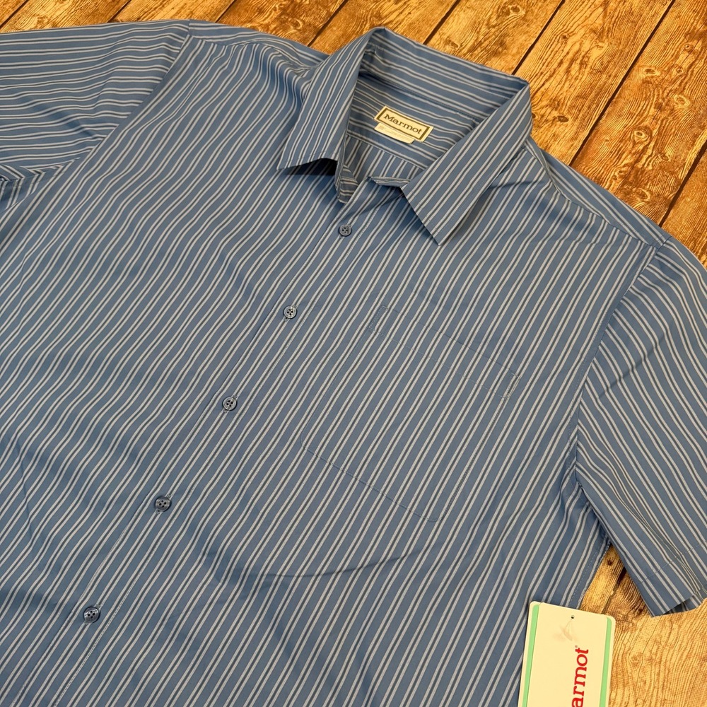 Marmot AirExchange Novelty Shirt Mens XXL Blue Striped Short Sleeve UPF 40 NWT